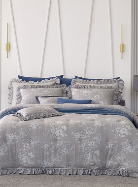 韩国高端床品木纤维一体被防滑床垫四件套灰色飞边 柔软大气  IPL