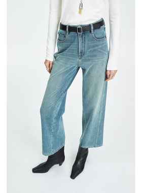 MRS Studios 侧缝前移时髦复古九分抓绒保暖直筒显瘦牛仔裤