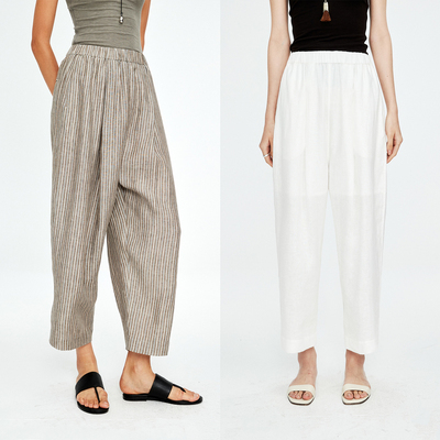 法国天然亚麻休闲奶奶散步裤