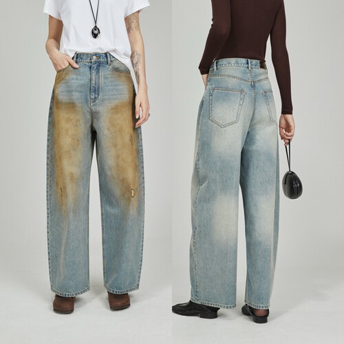 前卫时髦复古做脏茧形脏脏牛仔裤