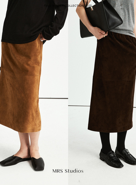 MRS Studios 进口反绒羊皮真皮 极简分割后开叉松紧腰中长半身裙