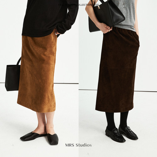 后开叉松紧腰中长半身裙