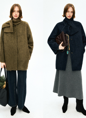 MRS Studios 牦牛绒拉毛 圆领单排扣 廓形中长大衣外套+围脖