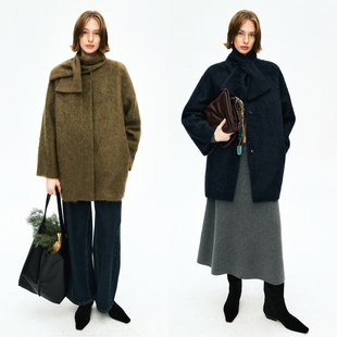 MRS Studios 牦牛绒拉毛圆领单排扣 时髦廓形中长款大衣外套/围脖