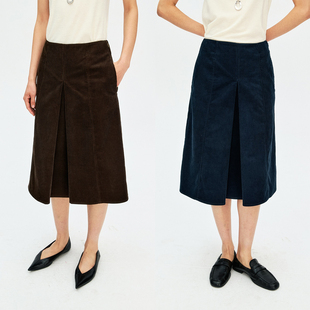 MRS Studios 高支高密全棉灯芯绒 前中褶裥造型时髦 A字半身裙