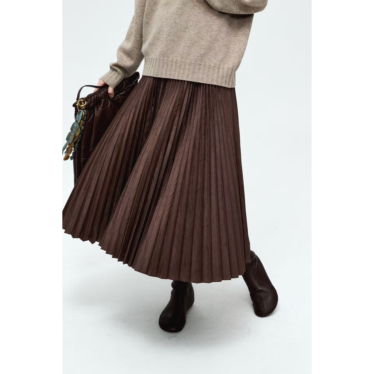 MRS Studios 秋冬搭配Bi入 复古时髦麂皮绒立体百褶半身裙