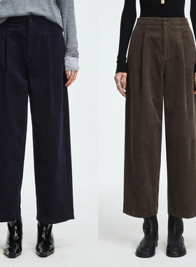 MRS Studios棉质坑条灯芯绒复古vtg连腰微弧锥形阔腿奶奶休闲西裤