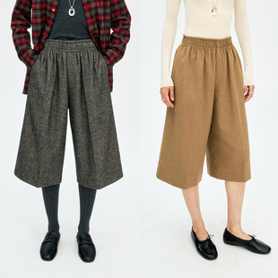 MRS Studios 时髦百搭复古慵懒随性 松紧腰百慕大羊毛休闲七分裤