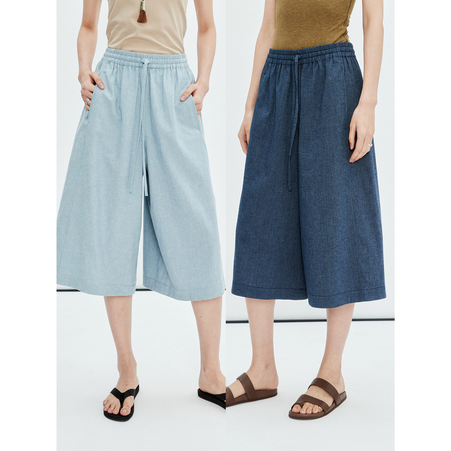 MRS Studios 韩国进口亚麻棉空气松紧抽绳阔腿气球裤七分裤散步裤