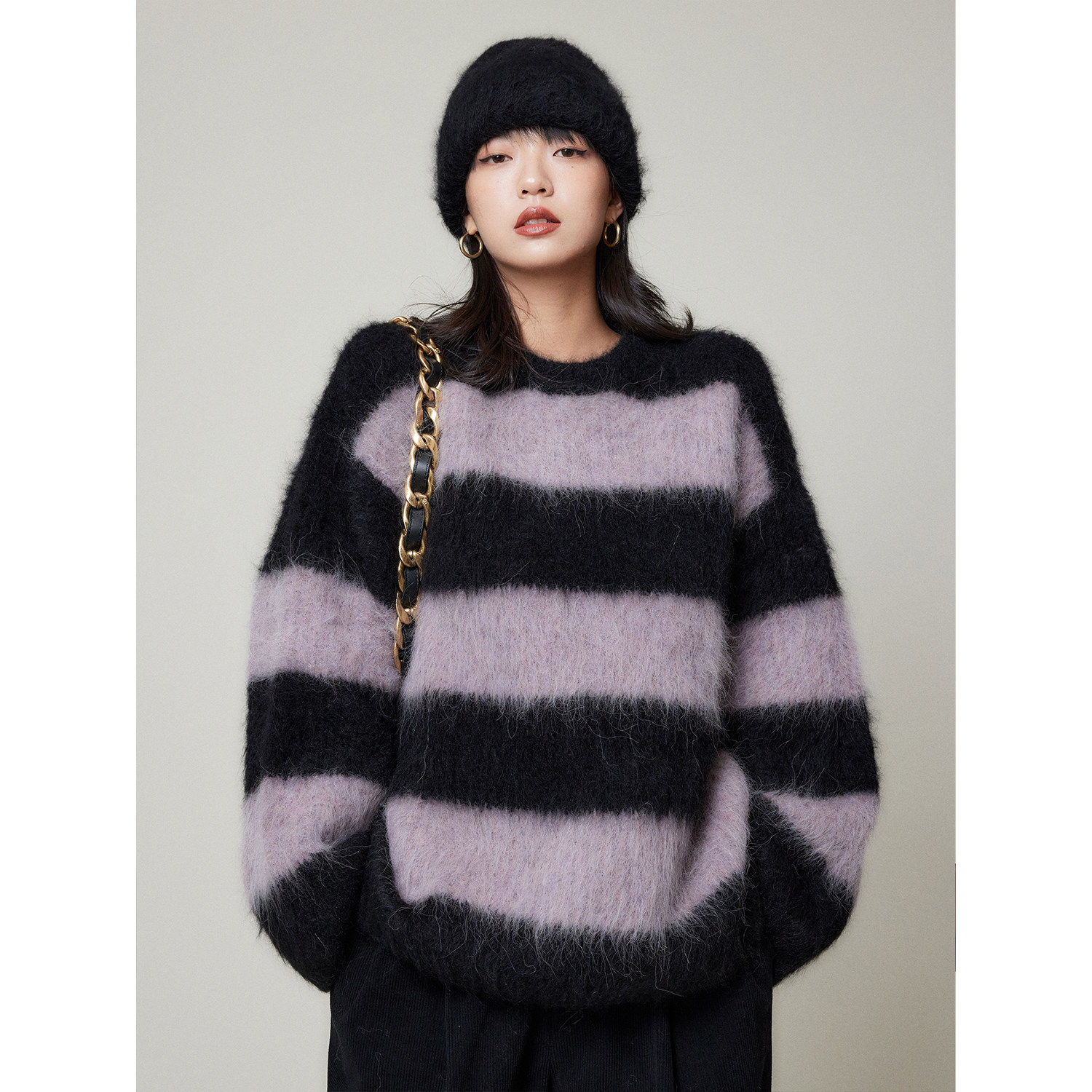 羊驼毛圆领长毛慵懒大毛衣