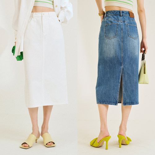 复古高腰时髦开衩牛仔半裙