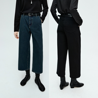 MRS Studios 环保水洗侧缝前移 抓绒保暖阔腿直筒显瘦九分牛仔裤