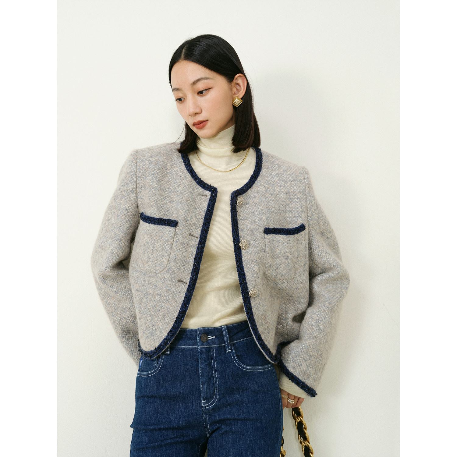 mrsce风短款羊毛鱼鳞小香短外套