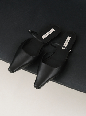 MRS Studios 夏日搭配Bi入 黑色平底尖头懒人系带小羊皮半拖拖鞋