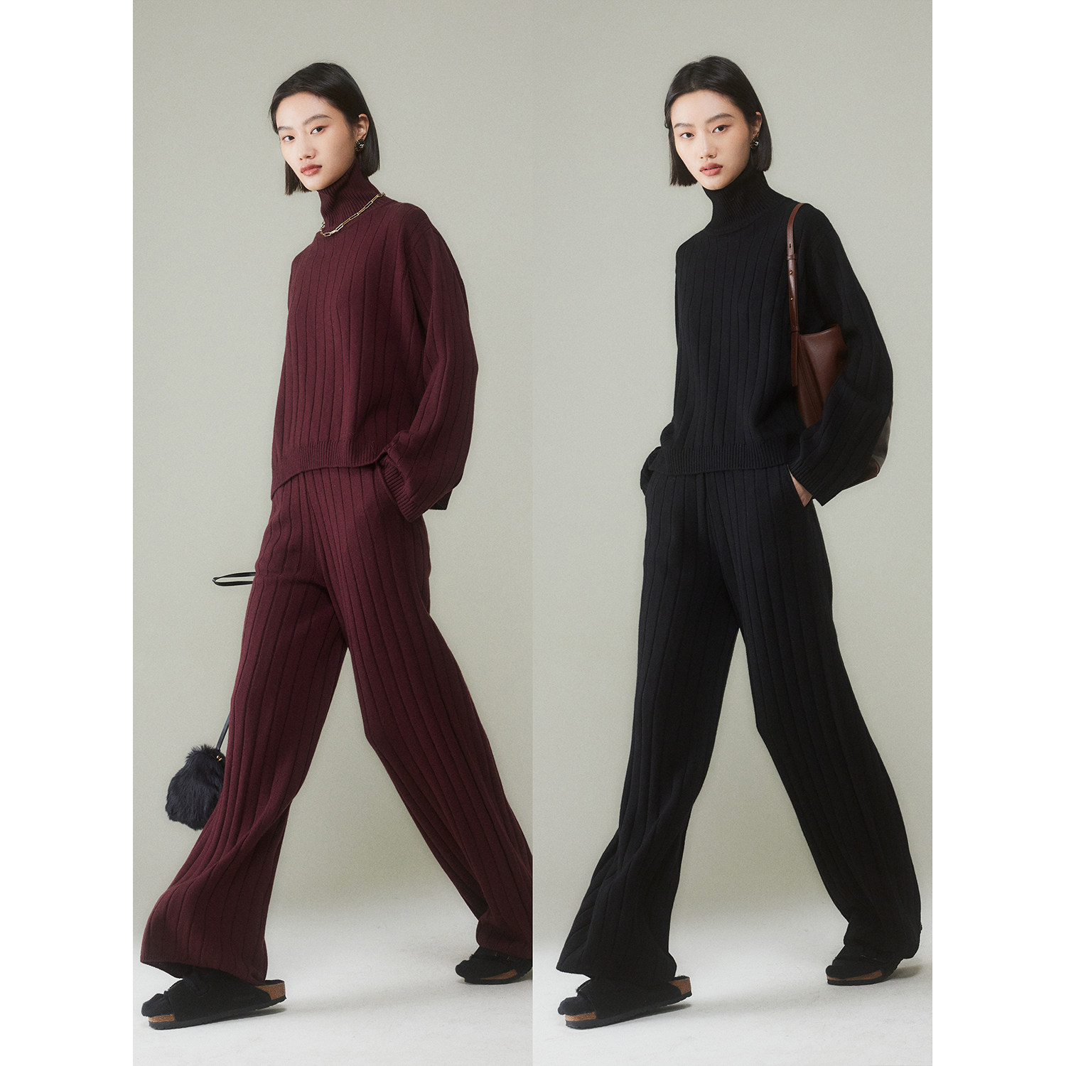 MRS高领套头坑条毛衣套装