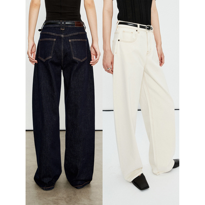 宽松及地阔腿休闲慵懒弯刀牛仔裤