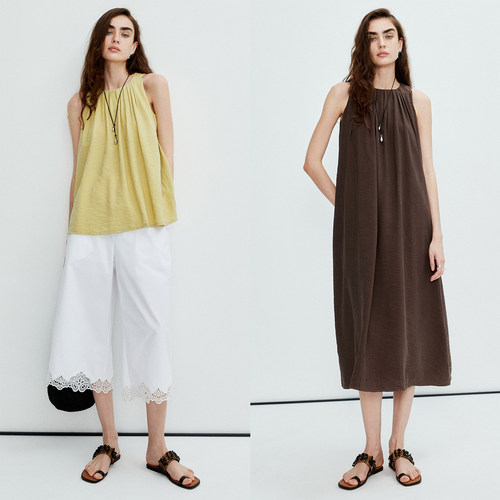 MRS真丝干丝褶皱削肩连衣裙