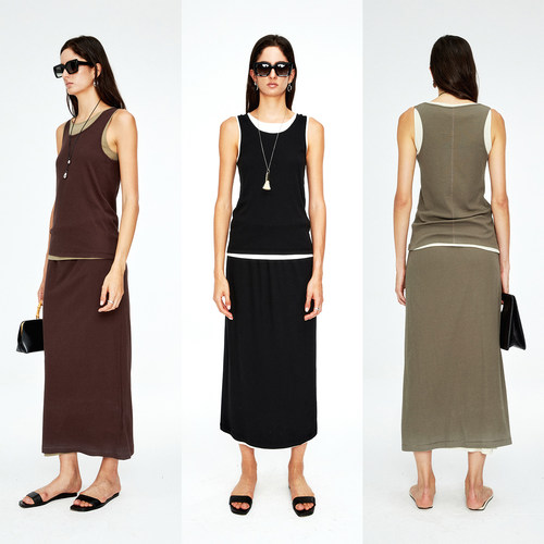 修身螺纹棉叠穿背心吊带半裙套装