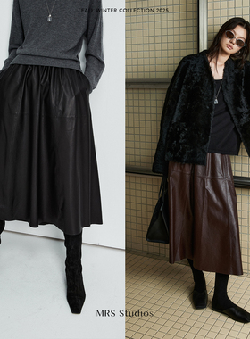 MRS Studios 时髦复古chao薄绵羊皮大裙摆开片小羊皮真皮伞裙半裙