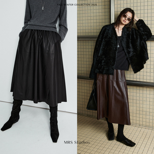 MRS 时髦复古chao薄绵羊皮大裙摆开片小羊皮真皮伞裙半裙 Studios