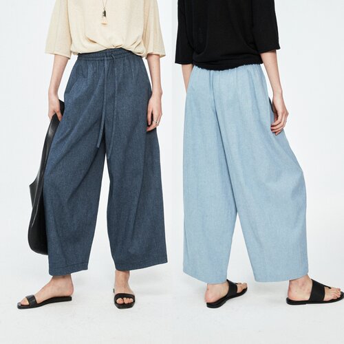 MRS Studios韩国进口亚麻棉空气松紧抽绳阔腿气球裤九分裤散步裤