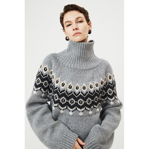 费尔岛撞色几何高领毛衣