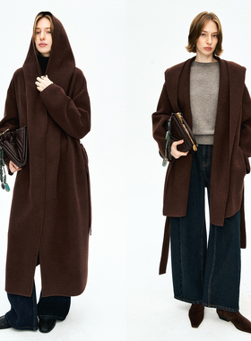 MRS Studios双面立绒 羊毛羊绒连帽裹身浴袍式系带中长款大衣外套