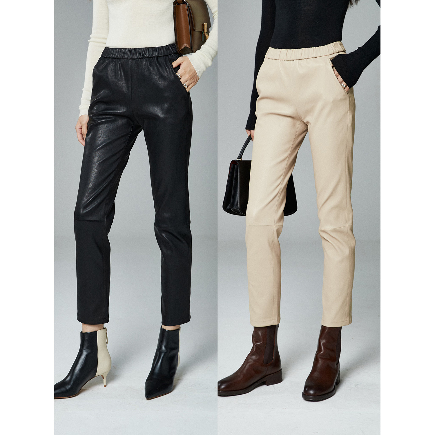 进口绵羊皮松紧腰九分皮裤