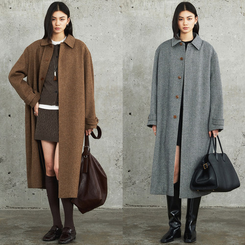 英国MOON复古人字纹单排夹棉大衣