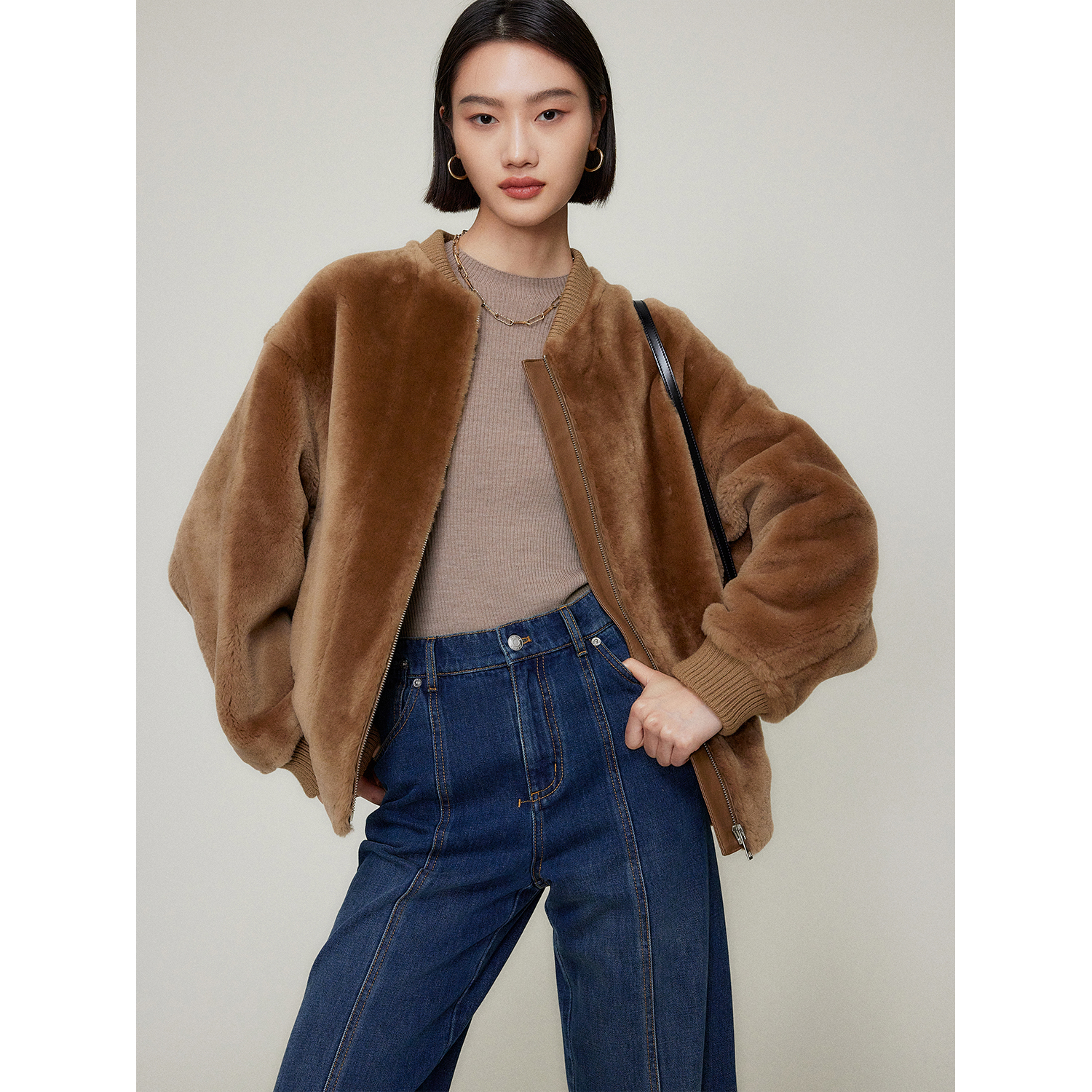 MRS休闲皮毛一体短款皮草外套