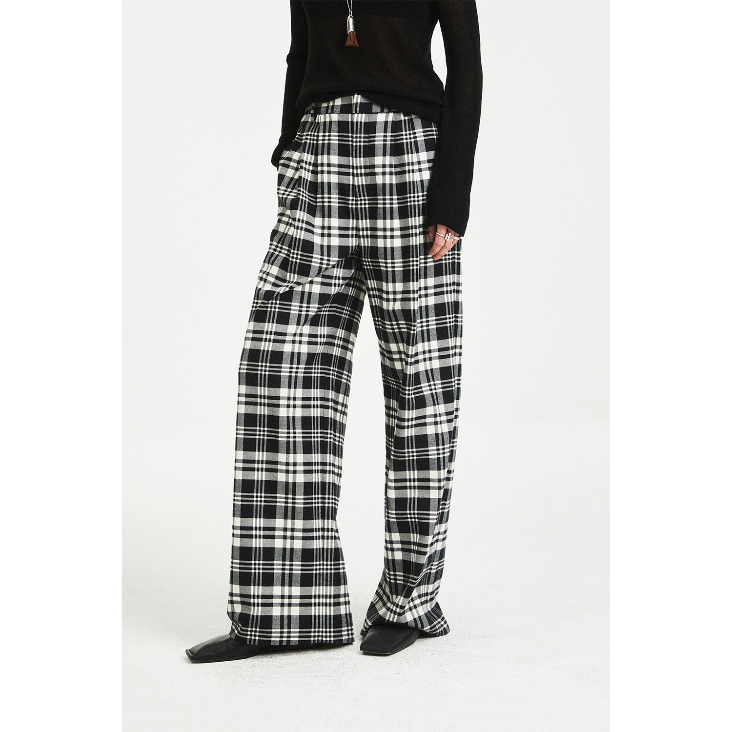 黑白格纹松紧腰阔腿及地裤休闲裤