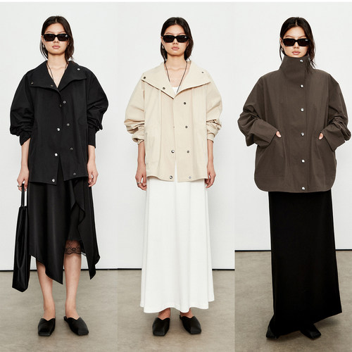 MRS Studios  时髦复古小众北欧风 廓形显瘦立领短款风衣夹克