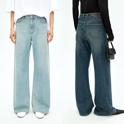 极简无侧缝一片式阔腿牛仔裤