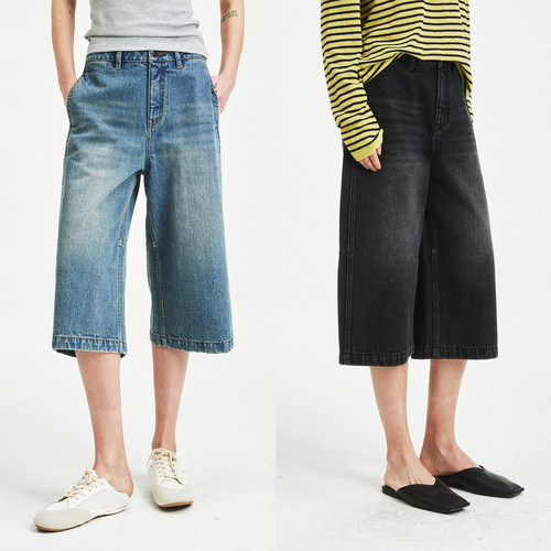 MRS Studios 日本冈山复古水洗横向分割结构线时髦牛仔七分裤