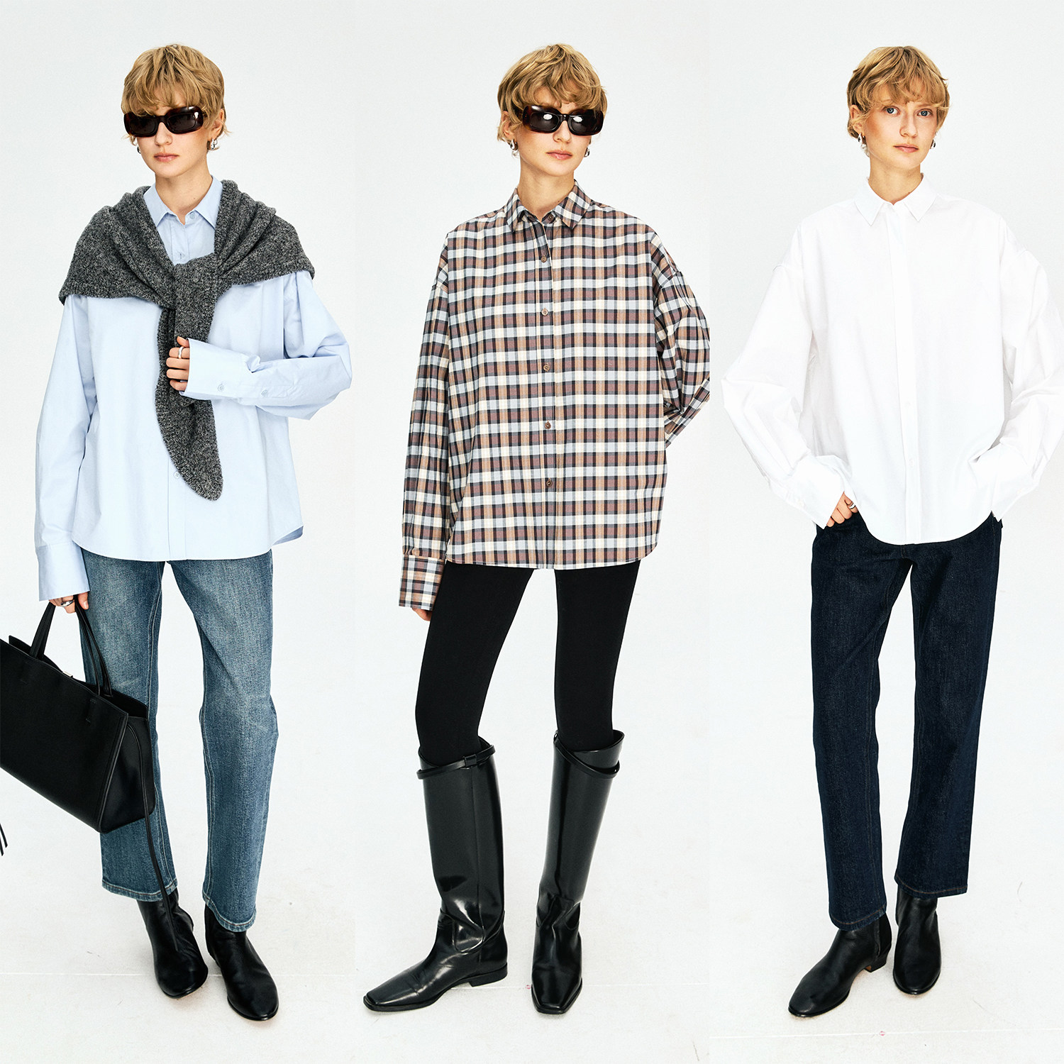 MRS Studios 经典时髦 冬日利落叠穿全棉复古格纹/纯色小翻领衬衫