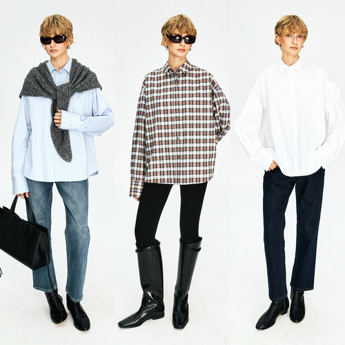 MRS Studios 经典时髦 冬日利落叠穿全棉复古格纹/纯色小翻领衬衫