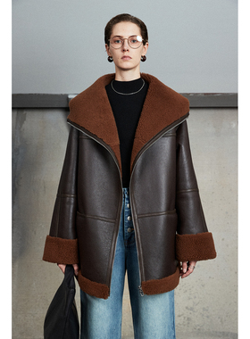 MRS Studios 西班牙美利奴皮毛一体剪羊毛黑色保暖夹克外套