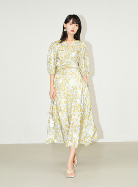 MRS Studios 原创15mm轻柔真丝优雅绿调豹纹度假印花连衣裙/上衣