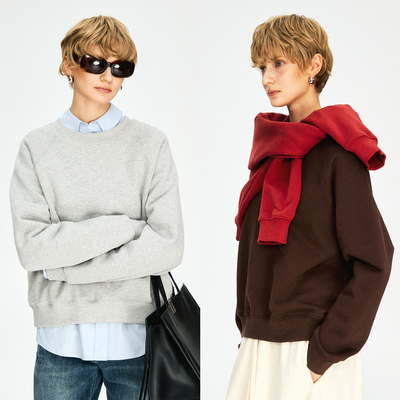 MRS Studios 胶囊系列 冬日利落叠穿 加绒棉质经典圆领套头短卫衣