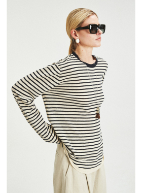 MRS Studios 亚麻棉空气感防晒圆领经典条纹针织衫防晒长袖罩衫