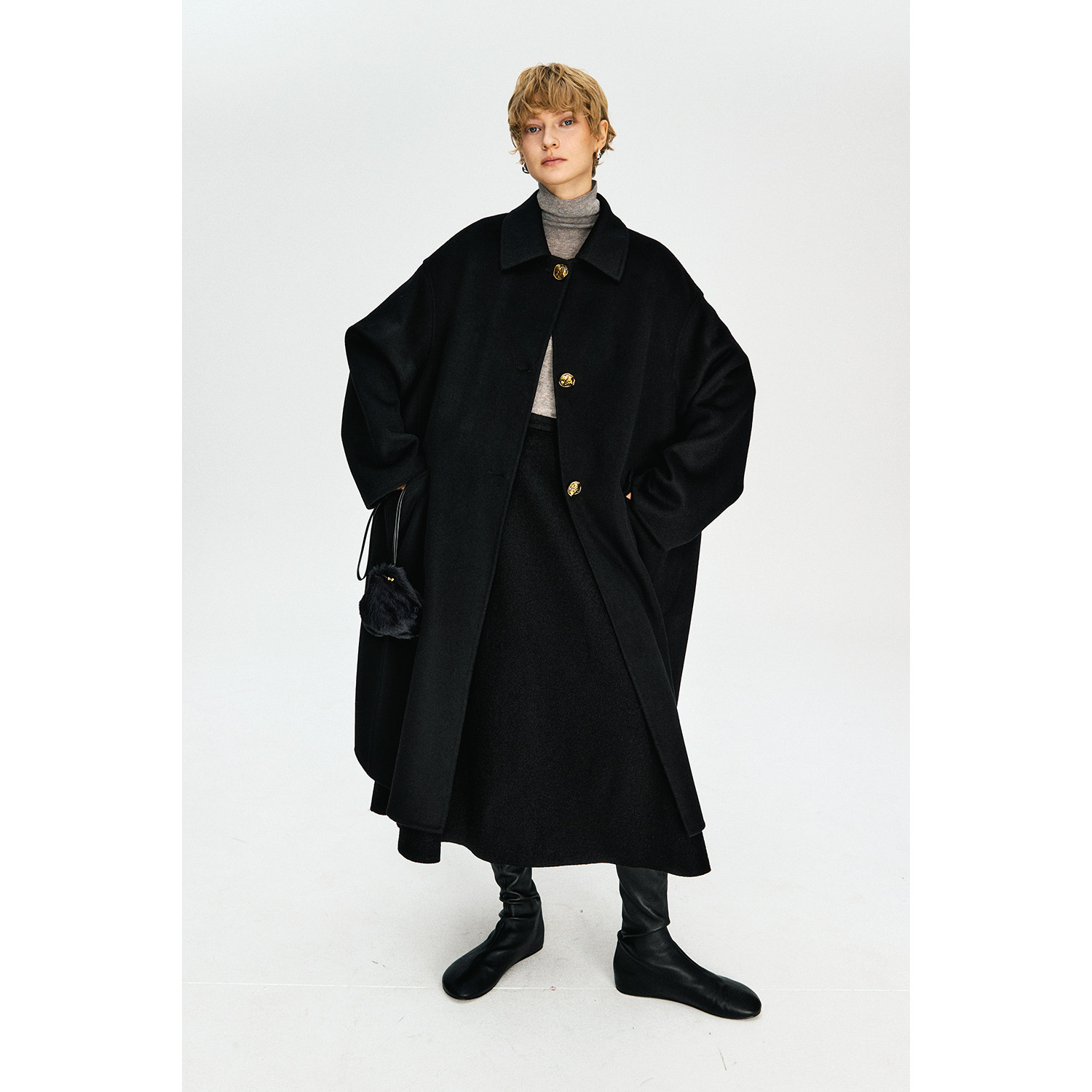 MRS Studios 羊毛/羊绒 气质时髦经典翻领金扣双面呢外套大衣