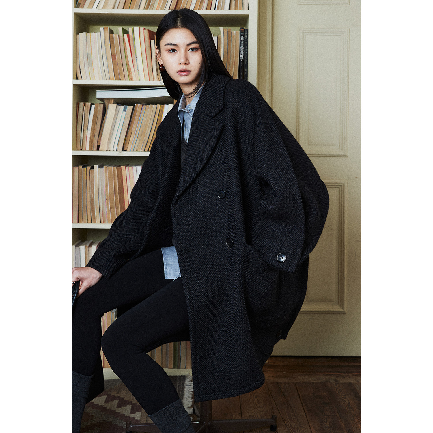 意大利进口粗斜人字纹双排扣大衣
