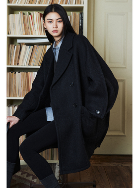 意大利进口ANGELICO羊毛粗人字纹廓形结构蝙蝠袖大口袋双排扣大衣