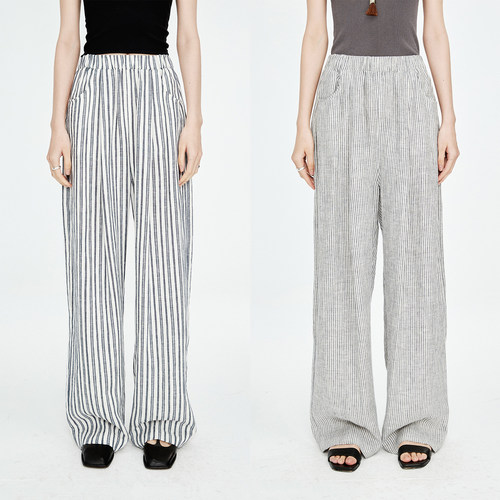 亚麻舒适透气条纹极地休闲裤