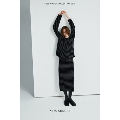 条纹针织毛衣/抽绳直筒开叉半裙