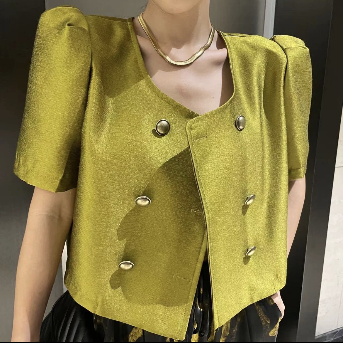 原版夏季黄绿色上衣小香风短袖