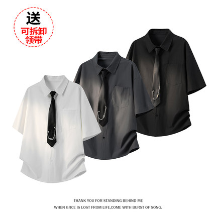 大码夏季制服短袖美式衬衫日系男款宽松休闲领带学院衬衣上衣情侣