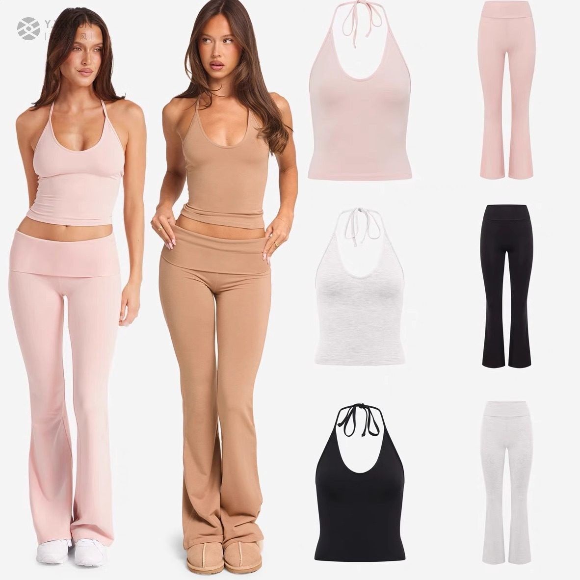 瑜珈套装运动胸罩挂颈带胸垫健身服裸感运动喇叭长裤 无标,运动/瑜伽/健身/球迷用品,瑜伽套装,淘宝优惠券,粉丝福利购,淘宝优惠卷