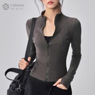 秋冬保暖瑜伽服外套普拉提跑袖立领修身德绒显瘦健身运动上衣女