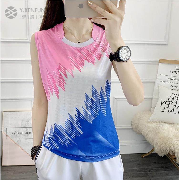 印花速干背心袖T恤男女款户外跑步健身轻薄透气羽毛球服排球情侣
